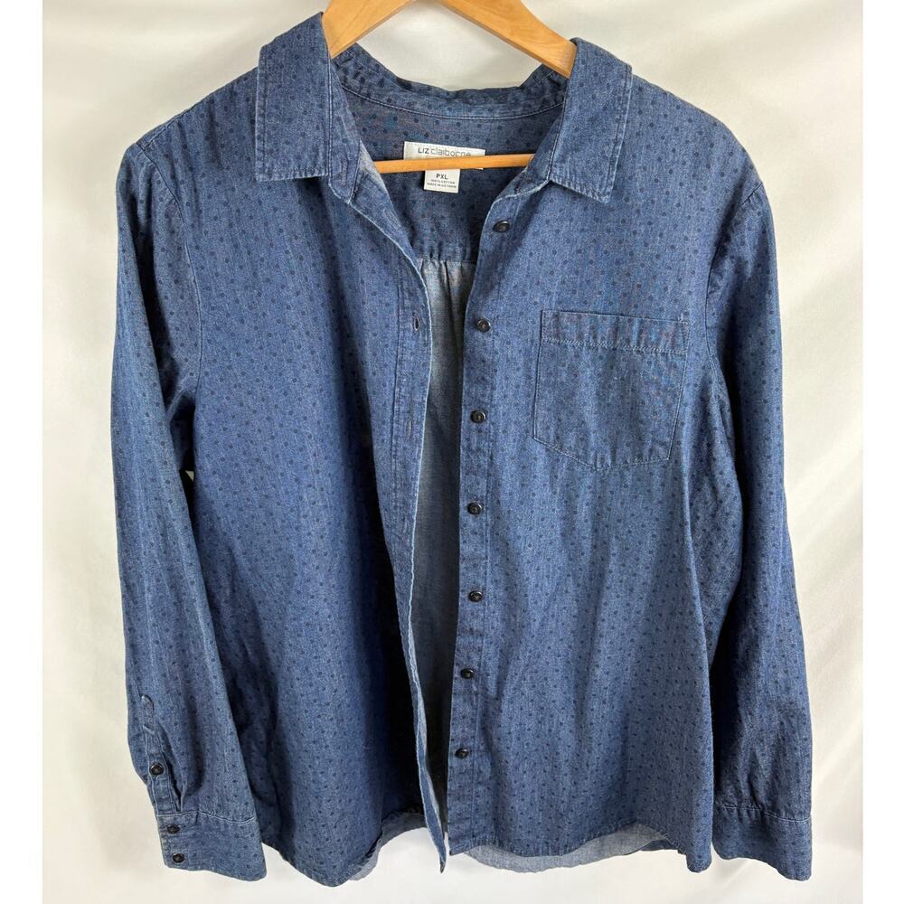 Liz Claiborne Polka Dot Denim Button Down Shirt Size PXL